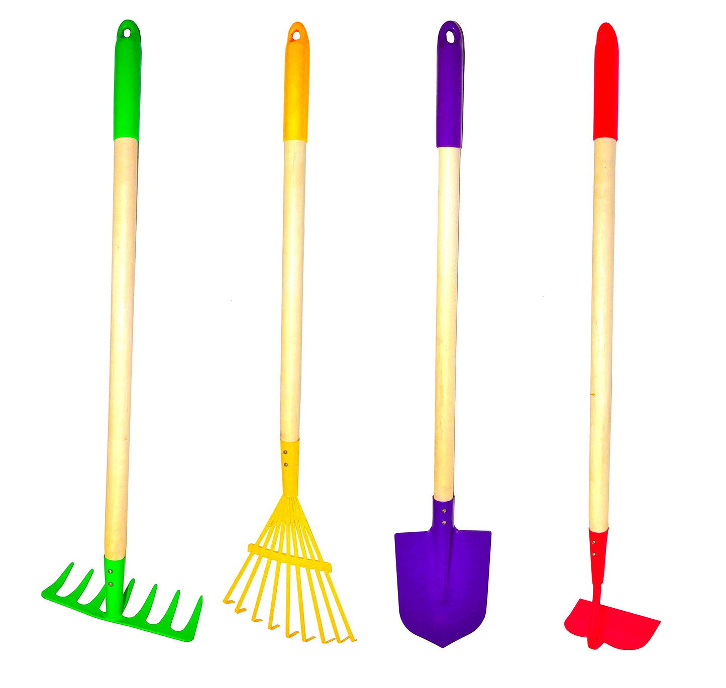 Kids Garden Tool Set Toy, Rake, Spade, Hoe and Leaf Rake, reduced size , made of sturdy steel heads and real wood handle, 4-Piece, Multicolored